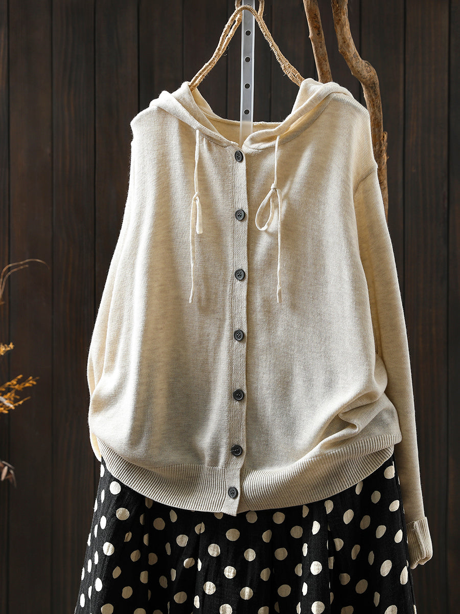 Women Autumn Casual Pure Color Hooded Knitted Blouse