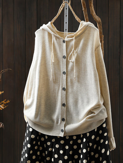 Women Autumn Casual Pure Color Hooded Knitted Blouse
