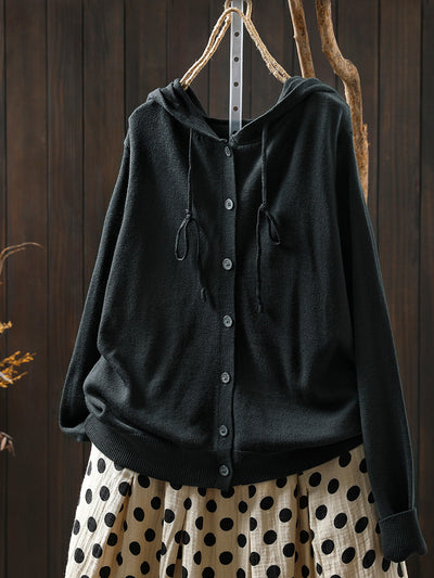 Women Autumn Casual Pure Color Hooded Knitted Blouse