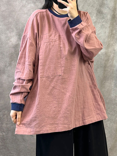 Women Autumn Casual Colorblock O-Neck Shirt