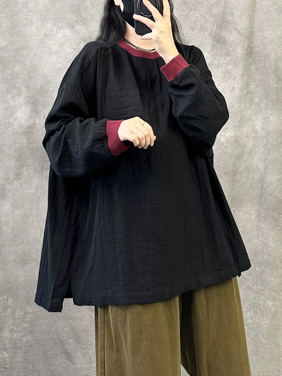 Women Autumn Casual Colorblock O-Neck Shirt