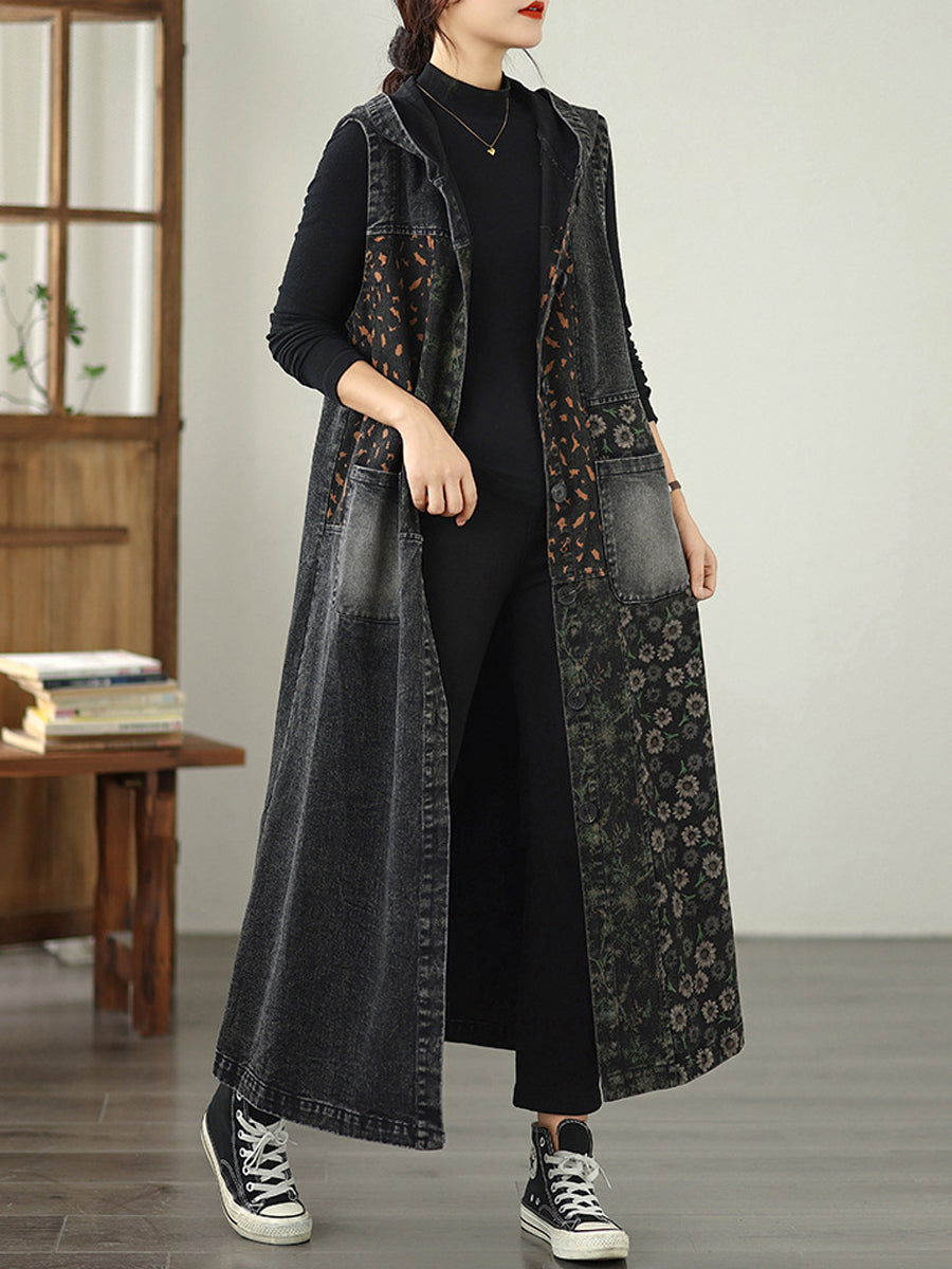Women Vintage Denim Flower Spliced Hooded Vest Coat