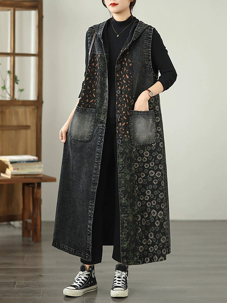 Women Vintage Denim Flower Spliced Hooded Vest Coat