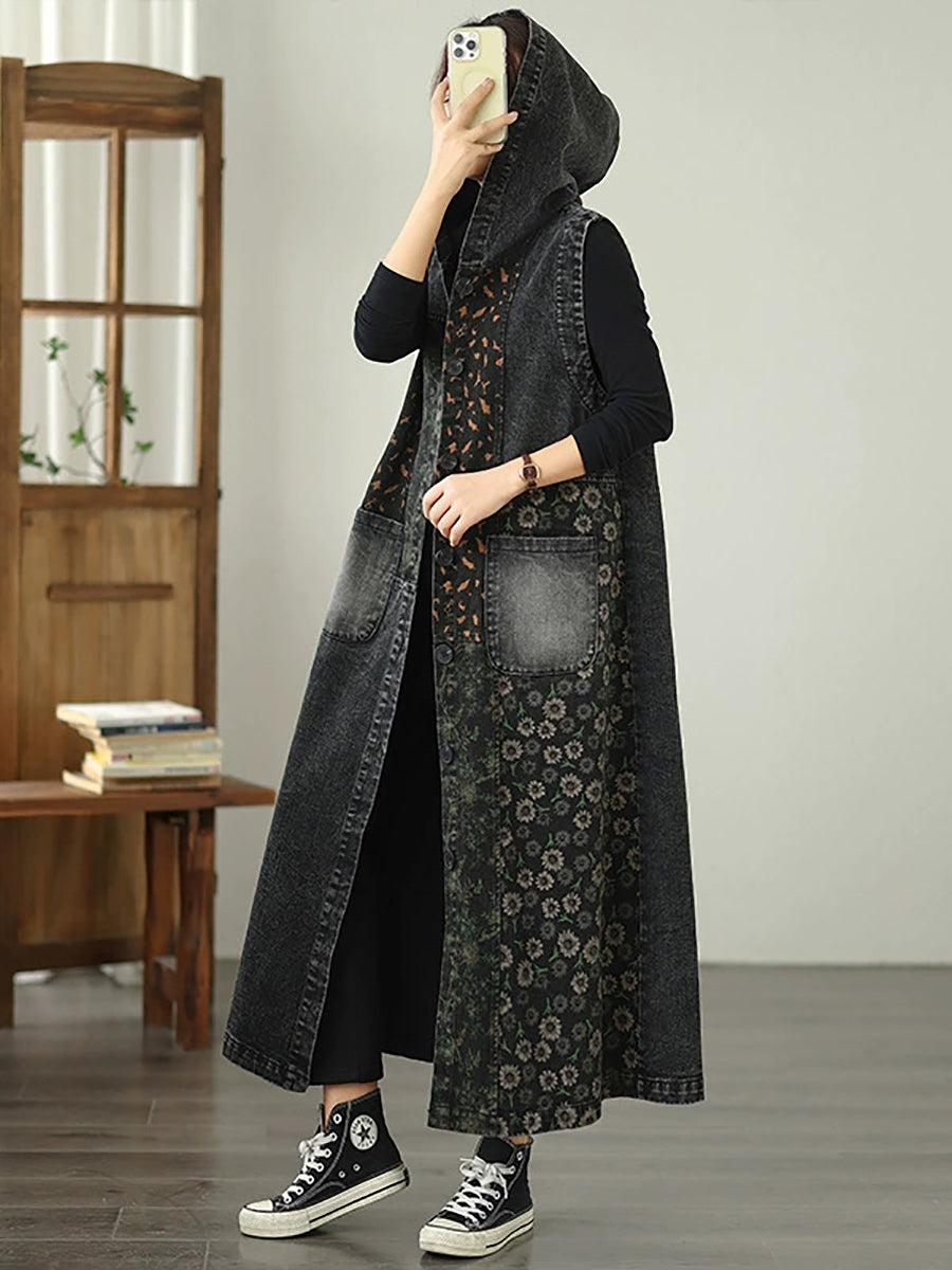 Women Vintage Denim Flower Spliced Hooded Vest Coat