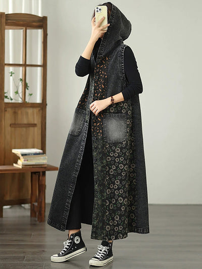 Women Vintage Denim Flower Spliced Hooded Vest Coat