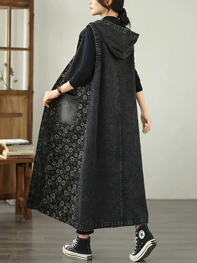 Women Vintage Denim Flower Spliced Hooded Vest Coat