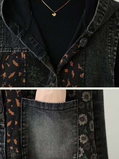Women Vintage Denim Flower Spliced Hooded Vest Coat