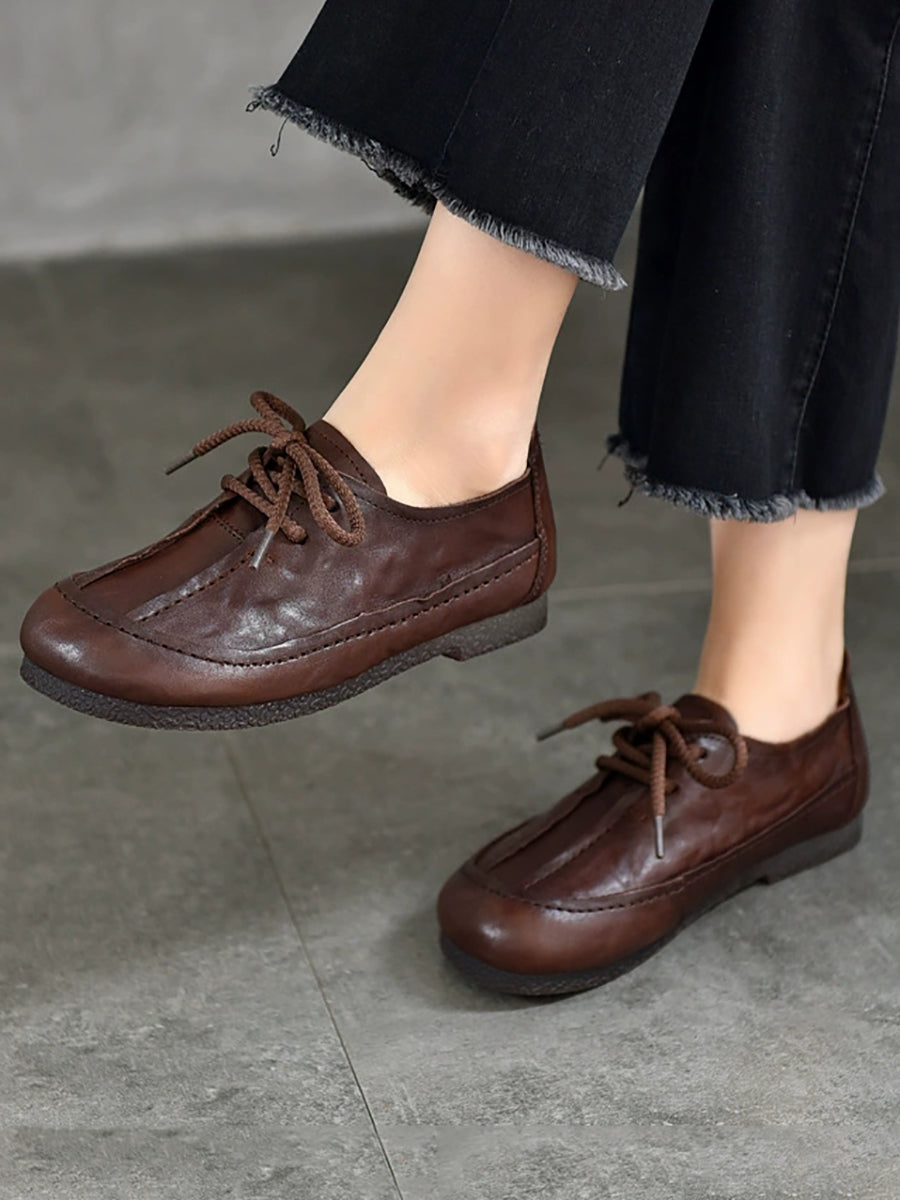 Women Vintage Genuine Leather Spliced Low Heel Shoes