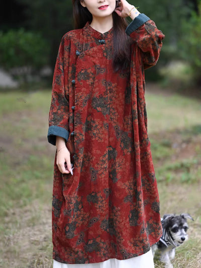 Women Autumn Ethnic Flower Corduroy Robe Dress