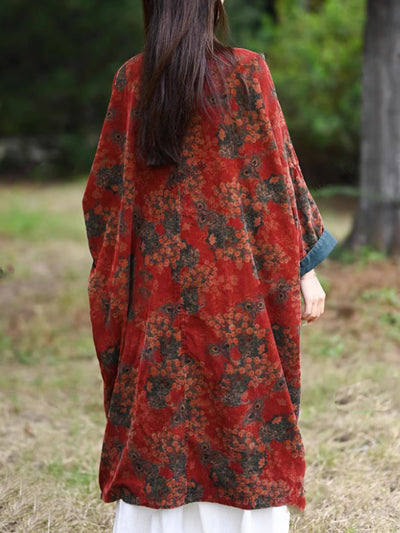 Women Autumn Ethnic Flower Corduroy Robe Dress
