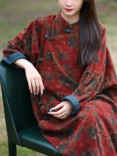 Women Autumn Ethnic Flower Corduroy Robe Dress