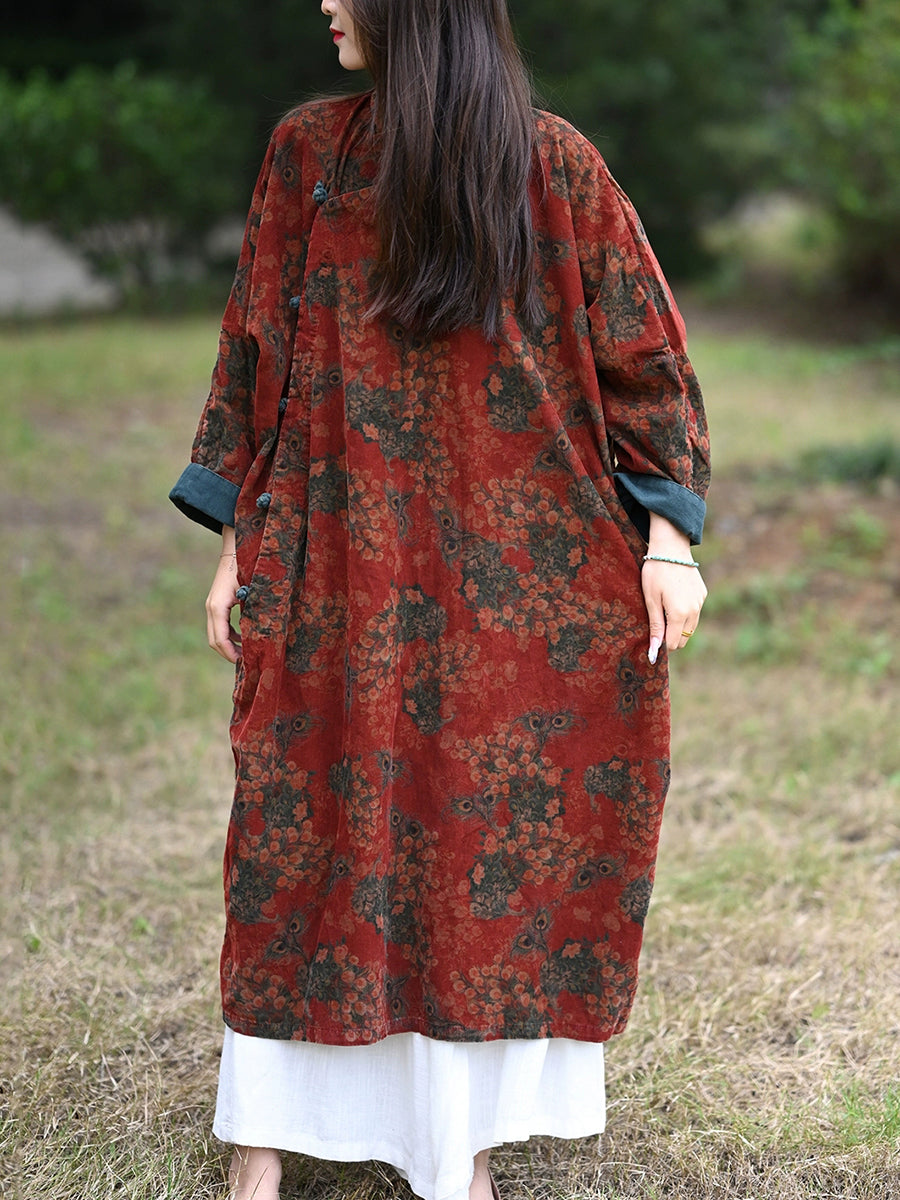 Women Autumn Ethnic Flower Corduroy Robe Dress