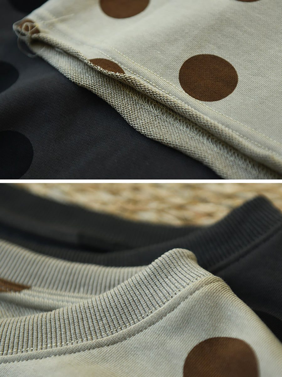 Plus Size Women Autumn Casual Dot Cotton O-Neck Shirt