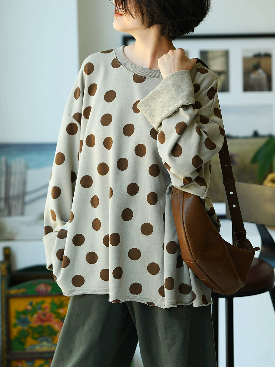 Plus Size Women Autumn Casual Dot Cotton O-Neck Shirt