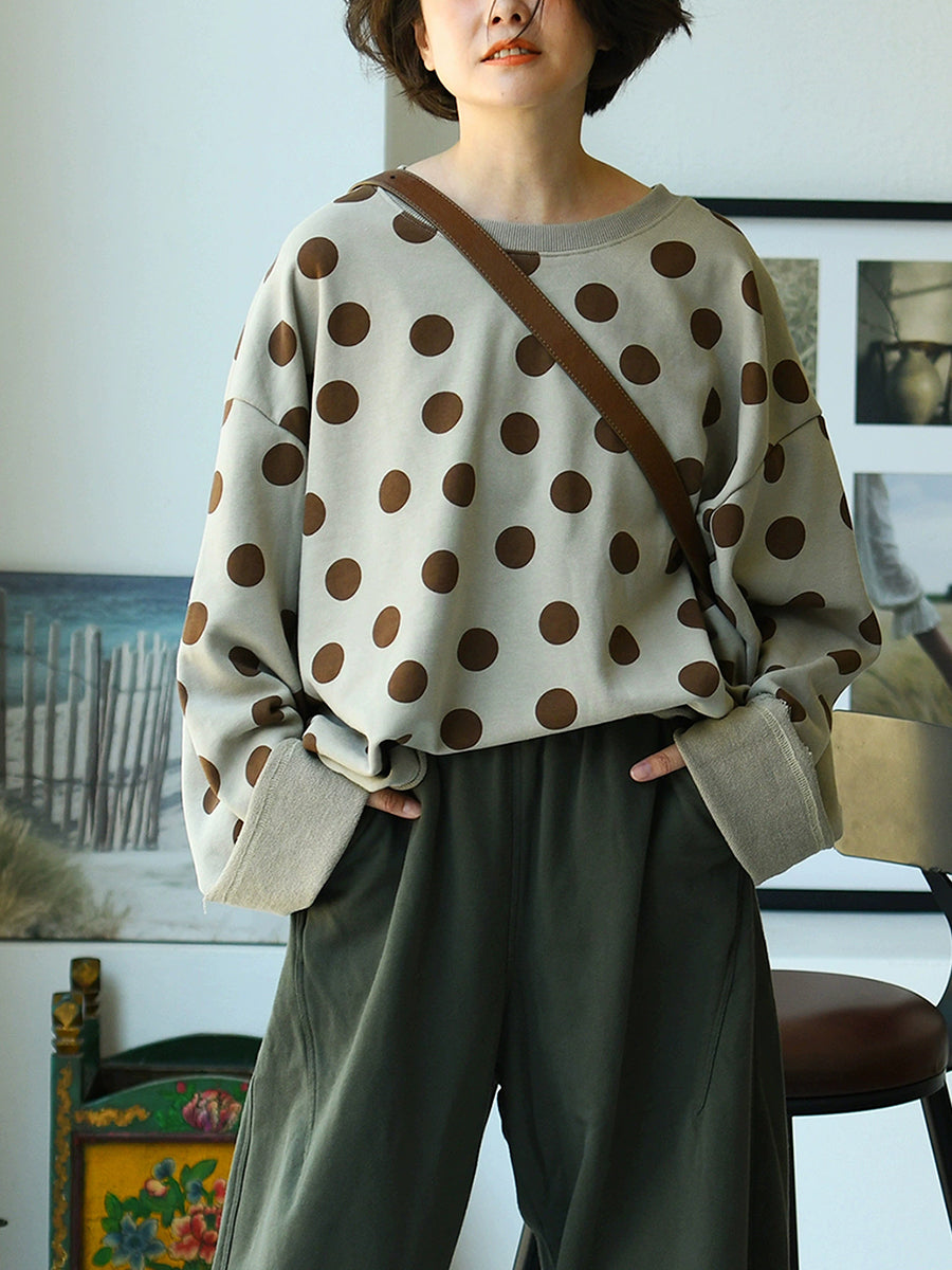 Plus Size Women Autumn Casual Dot Cotton O-Neck Shirt