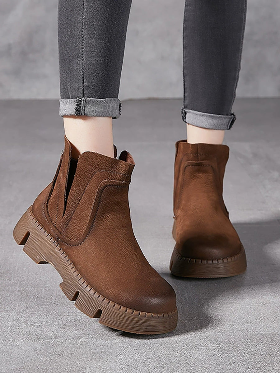 Women Vintage Autumn Genuine Leather Platform Ankle Boots