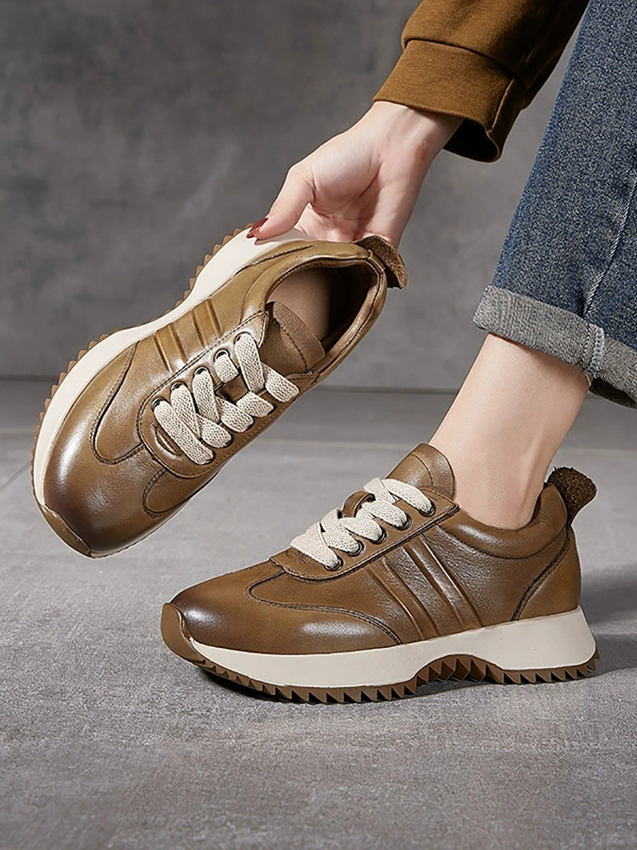 Women Autumn Casual Pure Color Leather Sport Shoes