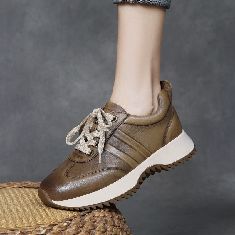 Women Autumn Casual Pure Color Leather Sport Shoes