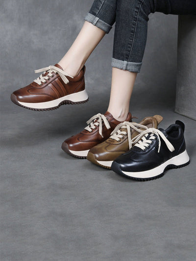 Women Autumn Casual Pure Color Leather Sport Shoes