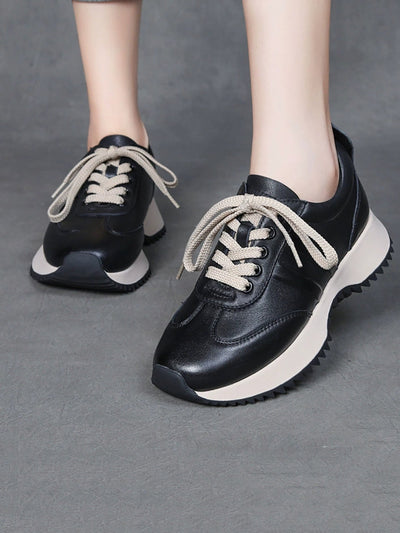 Women Autumn Casual Pure Color Leather Sport Shoes