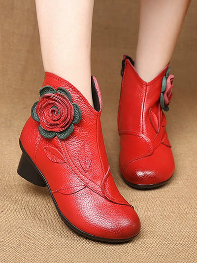 Women Autumn Artsy Flower Leather Spliced Mid Heel Boots