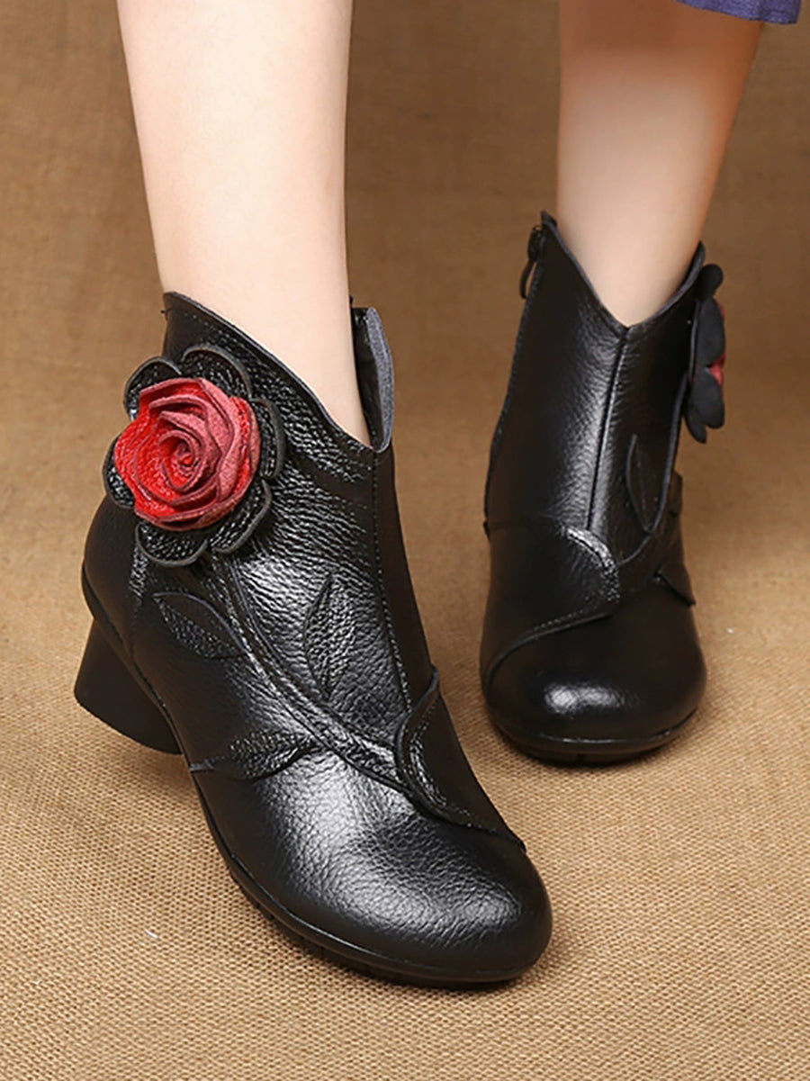 Women Autumn Artsy Flower Leather Spliced Mid Heel Boots