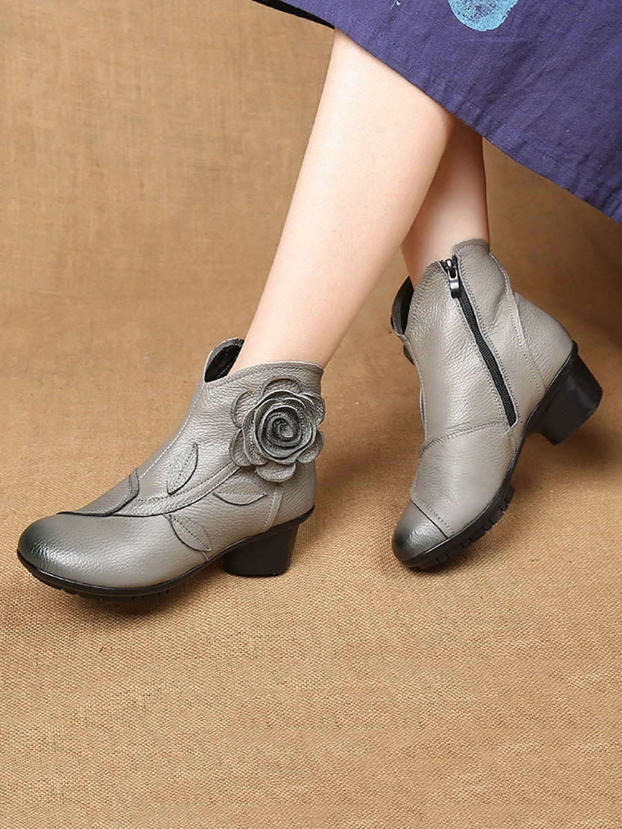 Women Autumn Artsy Flower Leather Spliced Mid Heel Boots