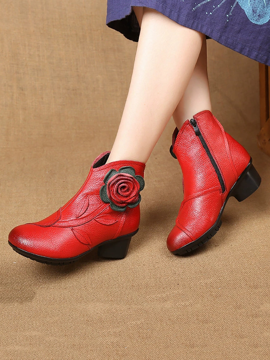 Women Autumn Artsy Flower Leather Spliced Mid Heel Boots