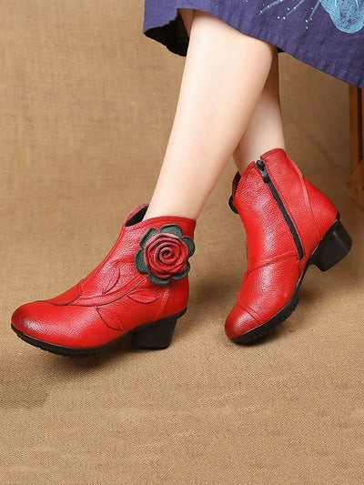 Women Autumn Artsy Flower Leather Spliced Mid Heel Boots