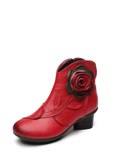 Women Autumn Artsy Flower Leather Spliced Mid Heel Boots