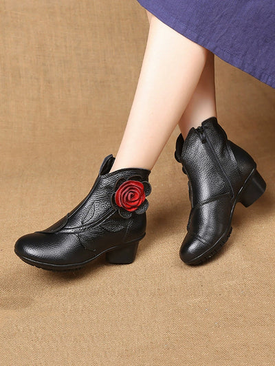 Women Autumn Artsy Flower Leather Spliced Mid Heel Boots