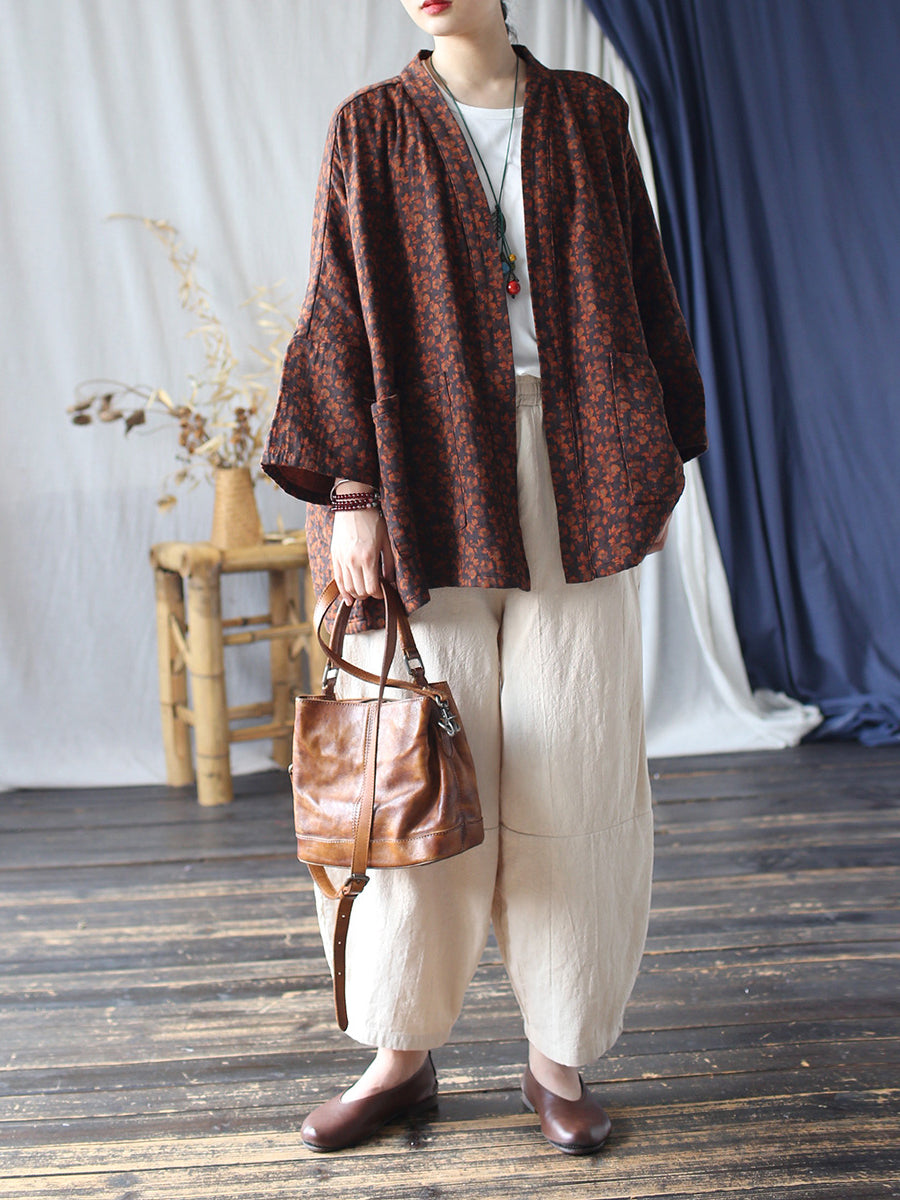 Women Autumn Retro Flower Cotton V-Neck Shirt