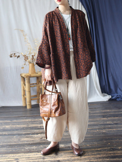 Women Autumn Retro Flower Cotton V-Neck Shirt