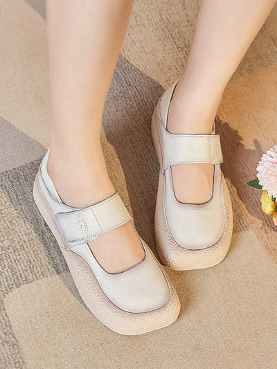 Women Casual Summer Pure Color Genuine Leather Flat Shoes