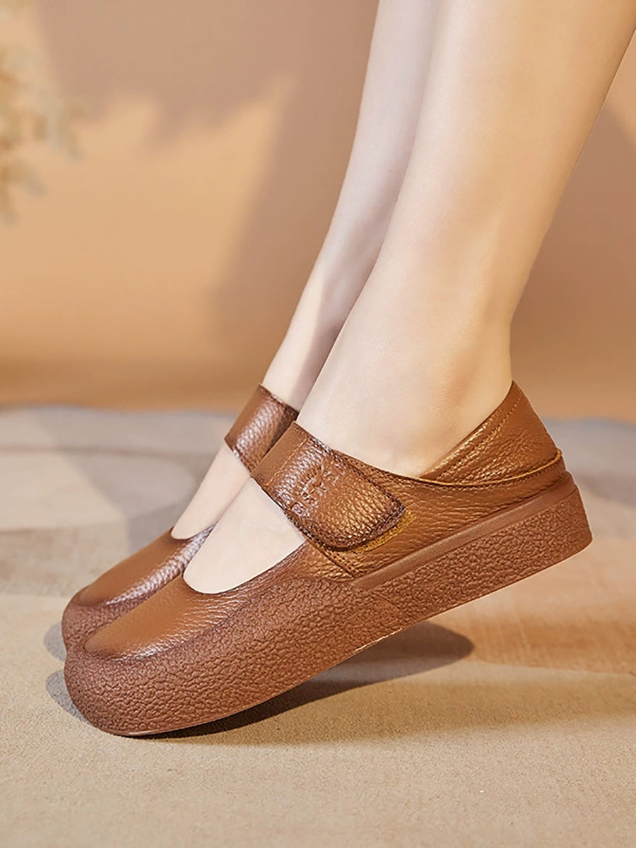 Women Casual Summer Pure Color Genuine Leather Flat Shoes