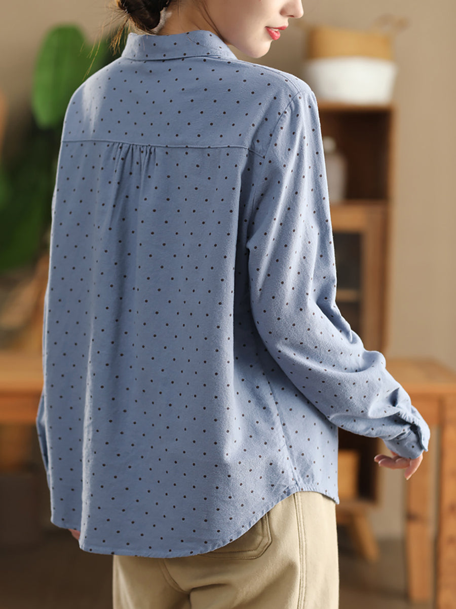 Women Autumn Dot 100%Cotton Turn-down Collar Shirt