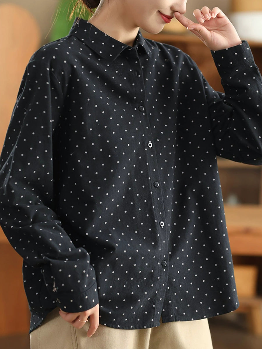 Women Autumn Dot 100%Cotton Turn-down Collar Shirt
