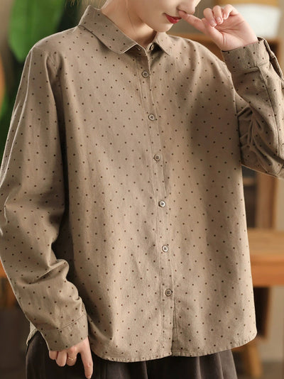 Women Autumn Dot 100%Cotton Turn-down Collar Shirt