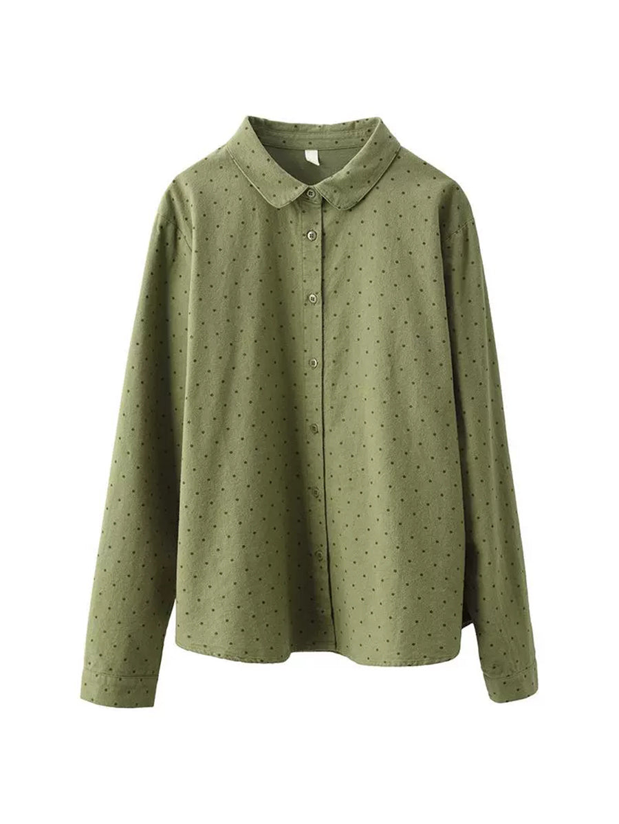 Women Autumn Dot 100%Cotton Turn-down Collar Shirt