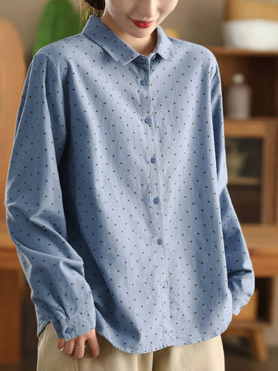 Women Autumn Dot 100%Cotton Turn-down Collar Shirt