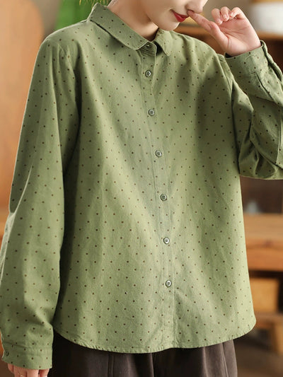 Women Autumn Dot 100%Cotton Turn-down Collar Shirt