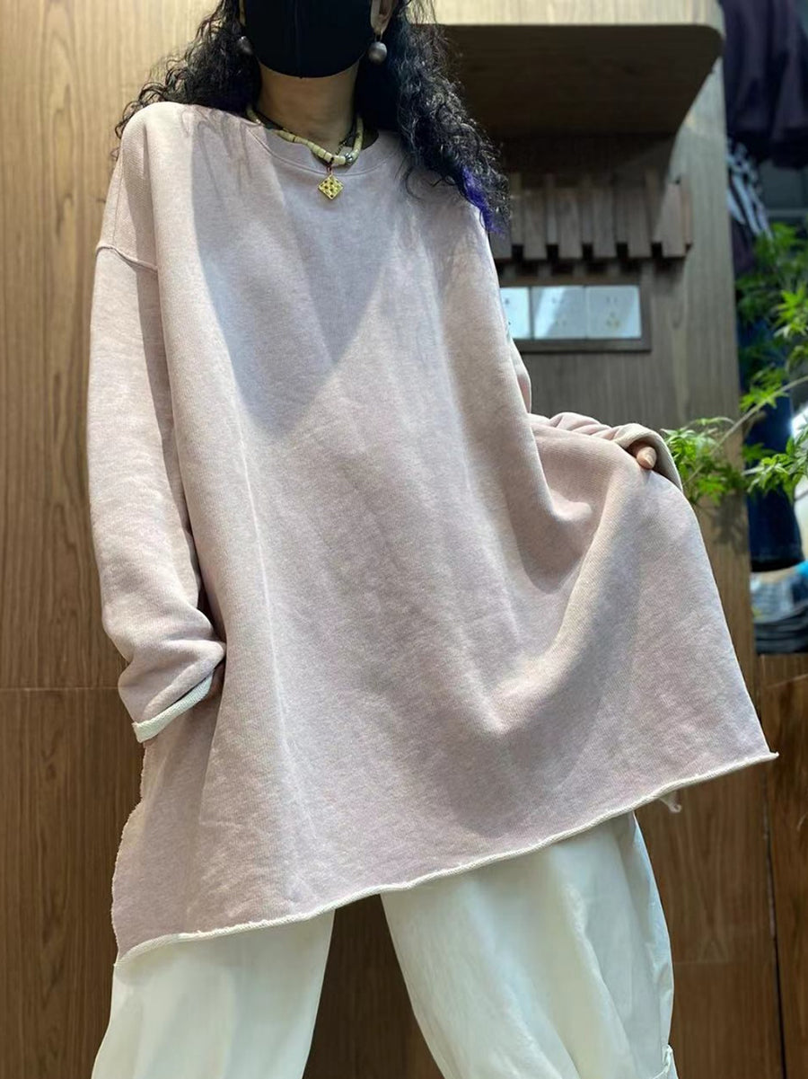 Women Autumn Casual Pure Color 100%Cotton O-Neck Shirt