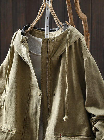 Plus Size Women Autumn Plaid Spliced Hooded Cotton Cardigan Coat