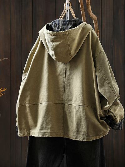 Plus Size Women Autumn Plaid Spliced Hooded Cotton Cardigan Coat