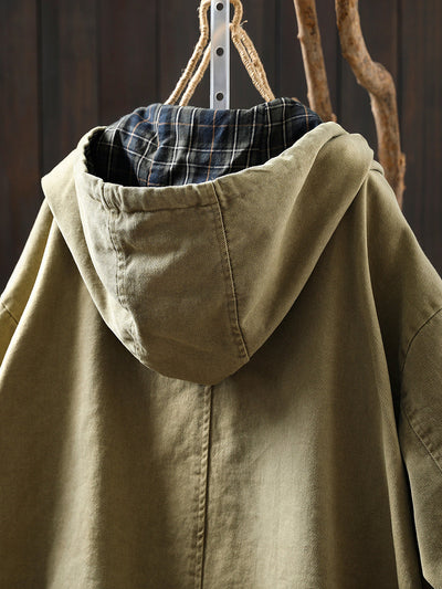 Plus Size Women Autumn Plaid Spliced Hooded Cotton Cardigan Coat