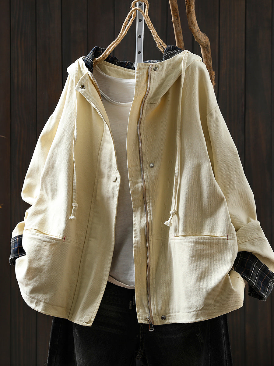 Plus Size Women Autumn Plaid Spliced Hooded Cotton Cardigan Coat