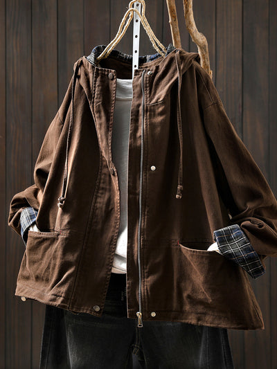 Plus Size Women Autumn Plaid Spliced Hooded Cotton Cardigan Coat