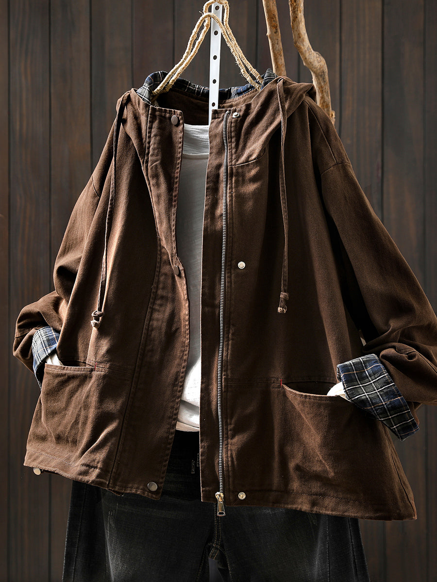 Plus Size Women Autumn Plaid Spliced Hooded Cotton Cardigan Coat