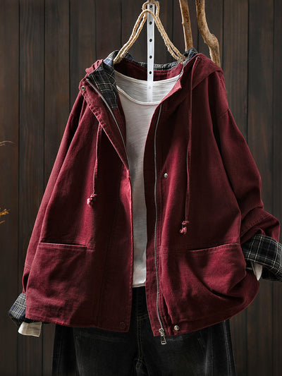 Plus Size Women Autumn Plaid Spliced Hooded Cotton Cardigan Coat
