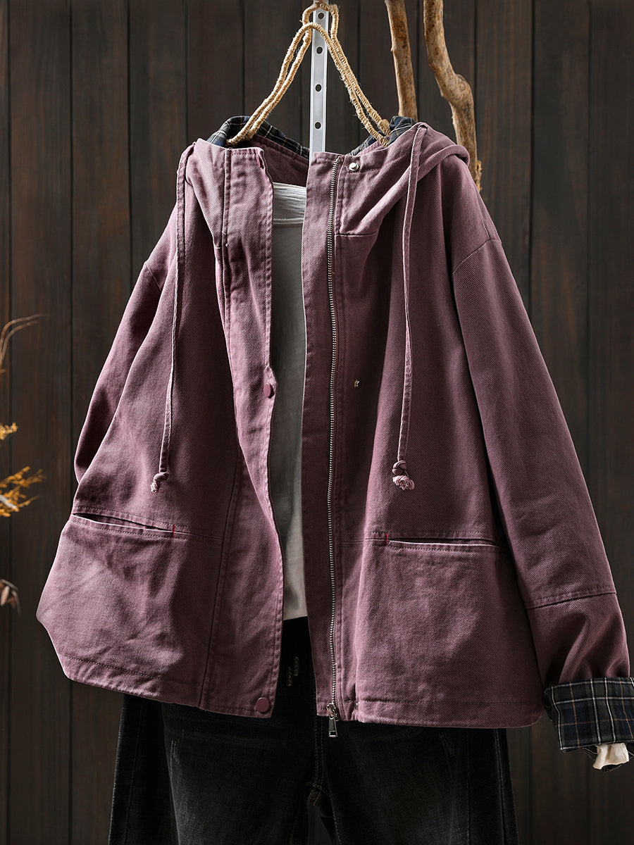 Plus Size Women Autumn Plaid Spliced Hooded Cotton Cardigan Coat